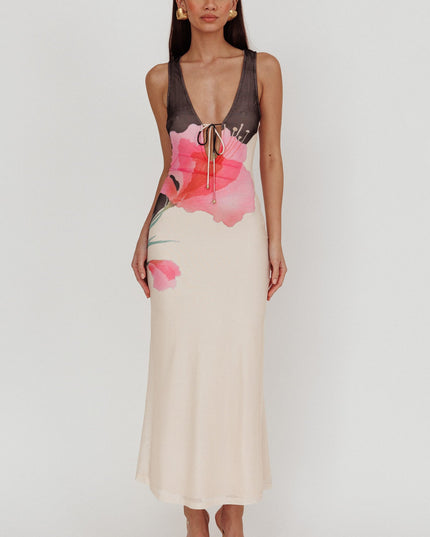 Black Tied Plunging Neckline Maxi Dress Flower