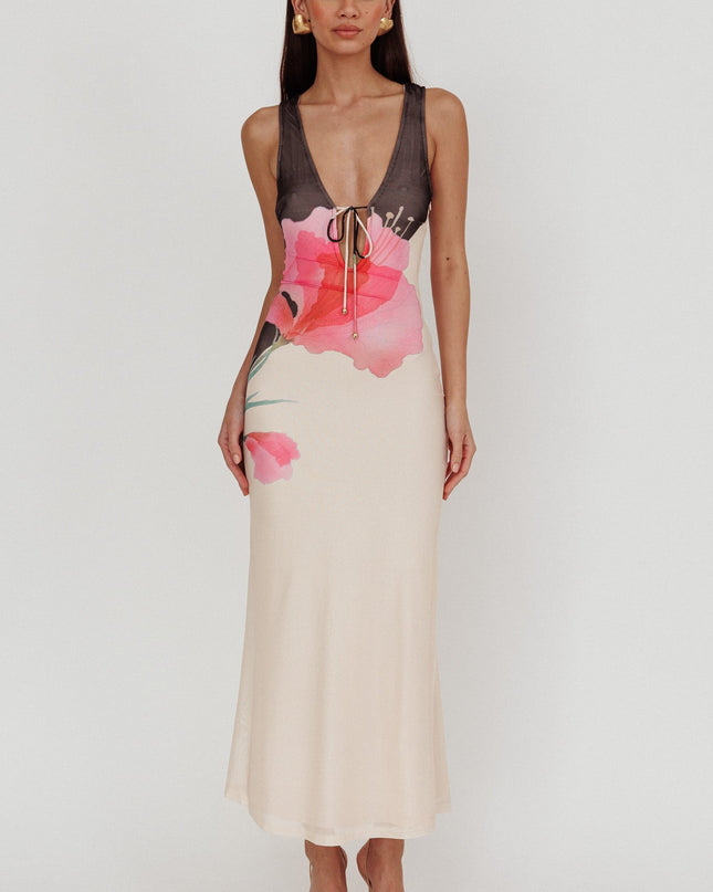 Black Tied Plunging Neckline Maxi Dress Flower