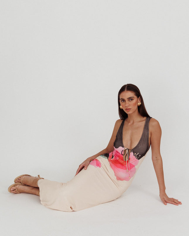 Black Tied Plunging Neckline Maxi Dress Flower