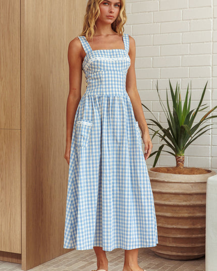 Baby Blue Front Pocket Maxi Dress Gingham