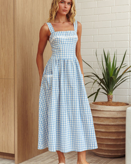 Baby Blue Front Pocket Maxi Dress Gingham