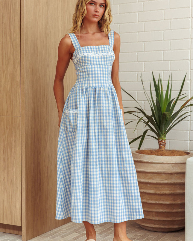Baby Blue Front Pocket Maxi Dress Gingham