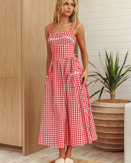 Red Front Pocket Maxi Dress Gingham