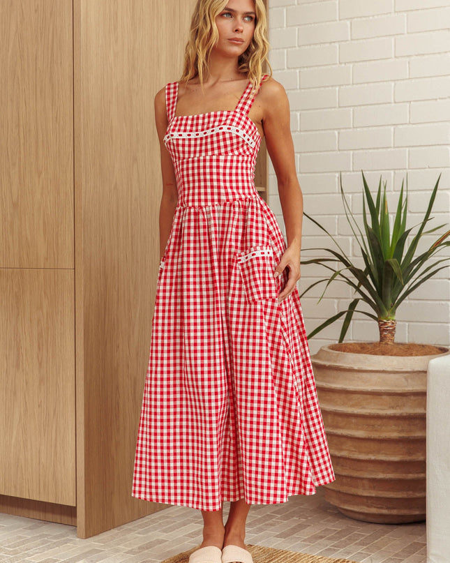 Red Front Pocket Maxi Dress Gingham