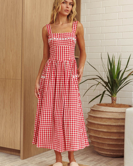 Red Front Pocket Maxi Dress Gingham