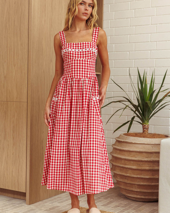Red Front Pocket Maxi Dress Gingham