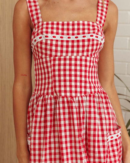 Red Front Pocket Maxi Dress Gingham
