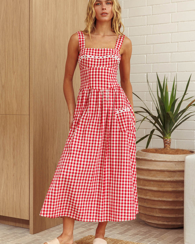 Red Front Pocket Maxi Dress Gingham