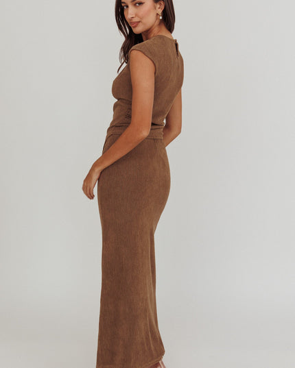 Brown Ribbed Knit Maxi Skirt