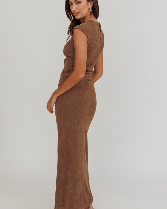 Brown Ribbed Knit Maxi Skirt
