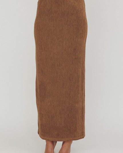 Brown Ribbed Knit Maxi Skirt