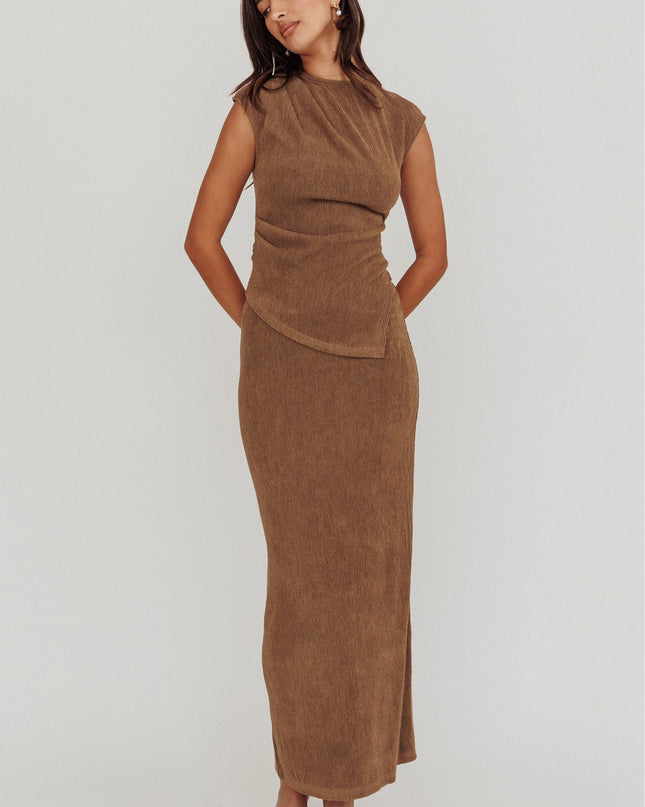 Brown Ribbed Knit Maxi Skirt