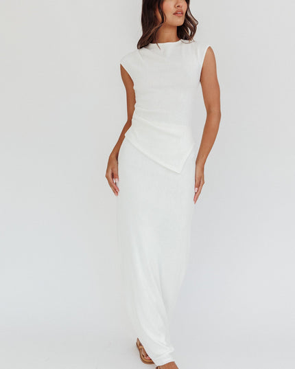 White Ribbed Knit Maxi Skirt