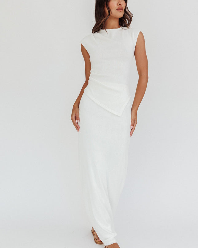White Ribbed Knit Maxi Skirt