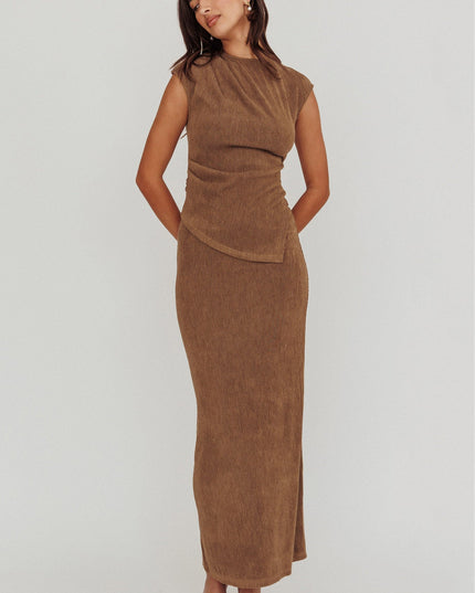 Brown Cap Sleeve Ribbed Knit Top