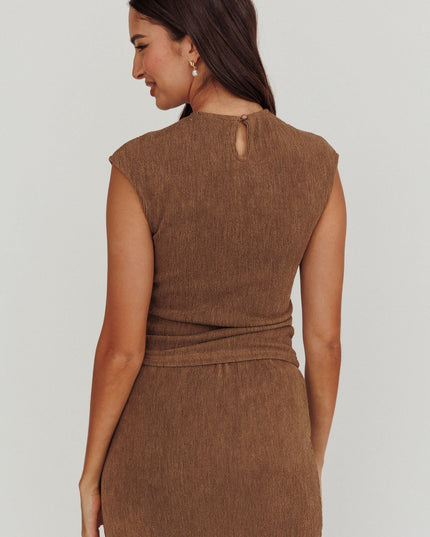 Brown Cap Sleeve Ribbed Knit Top