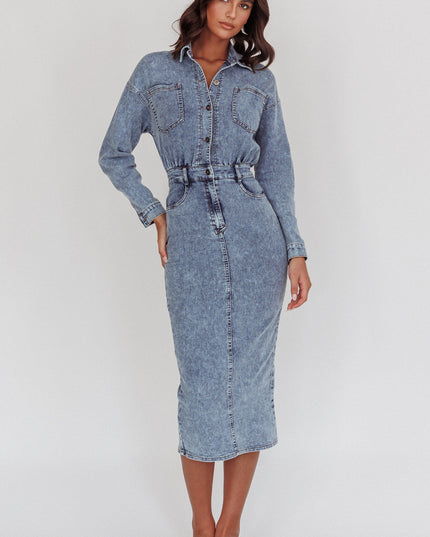 Denim Blue Long Sleeve Midi Dress