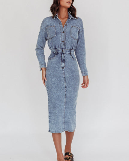 Denim Blue Long Sleeve Midi Dress