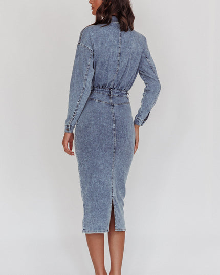 Denim Blue Long Sleeve Midi Dress