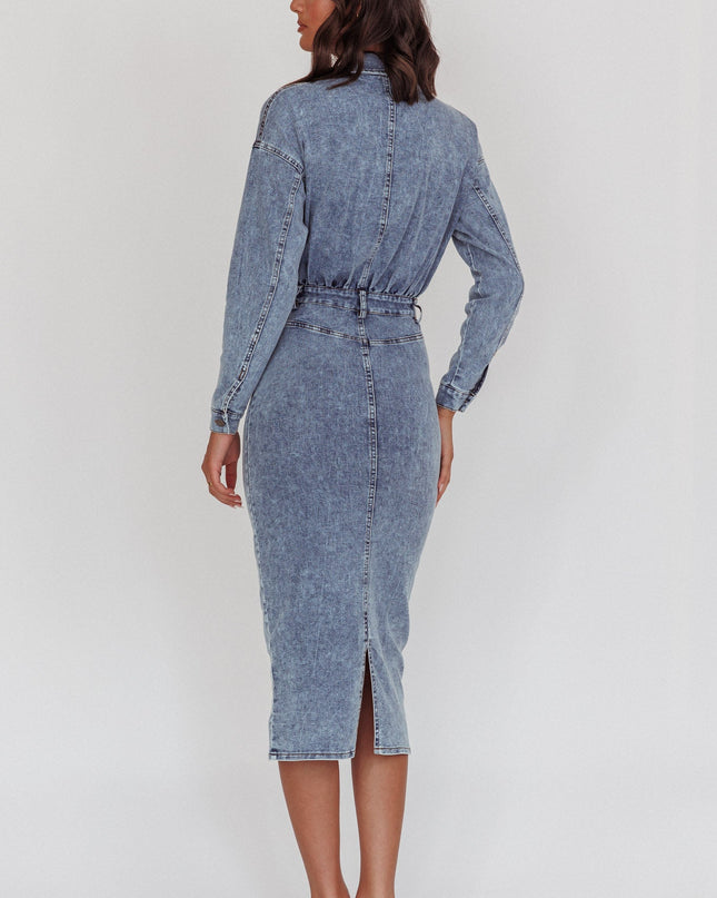 Denim Blue Long Sleeve Midi Dress