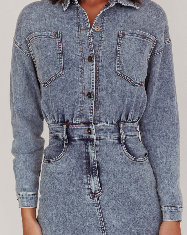 Denim Blue Long Sleeve Midi Dress