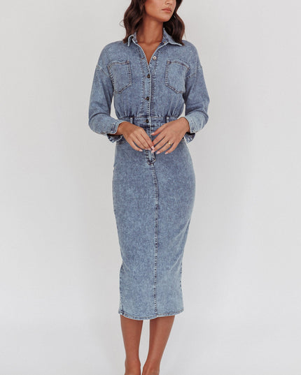 Denim Blue Long Sleeve Midi Dress