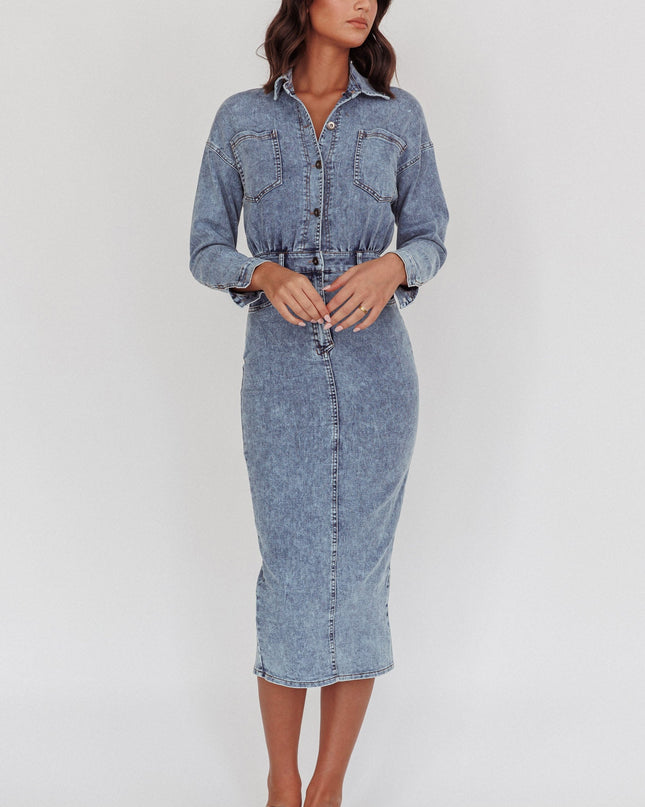 Denim Blue Long Sleeve Midi Dress