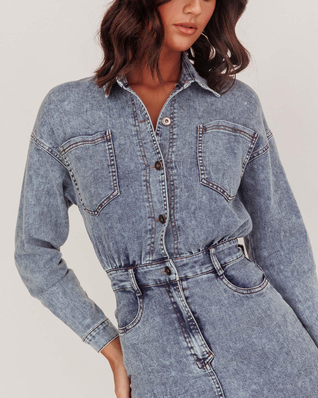 Denim Blue Long Sleeve Midi Dress