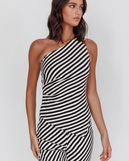 Stripe Beach One-Shoulder Asymmetric Top Black