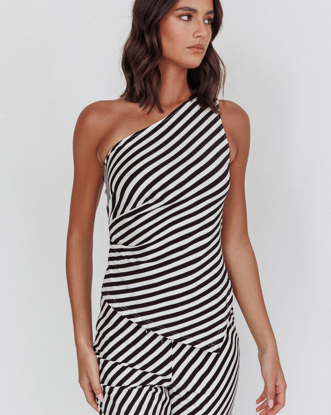 Stripe Beach One-Shoulder Asymmetric Top Black