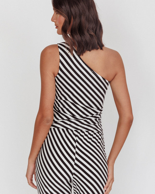 Stripe Beach One-Shoulder Asymmetric Top Black