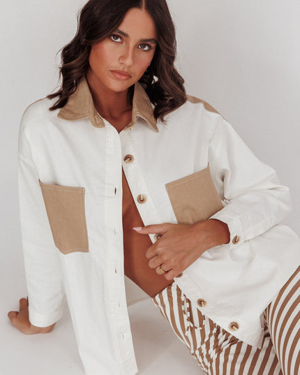 Beige Chest Pocket Shirt White