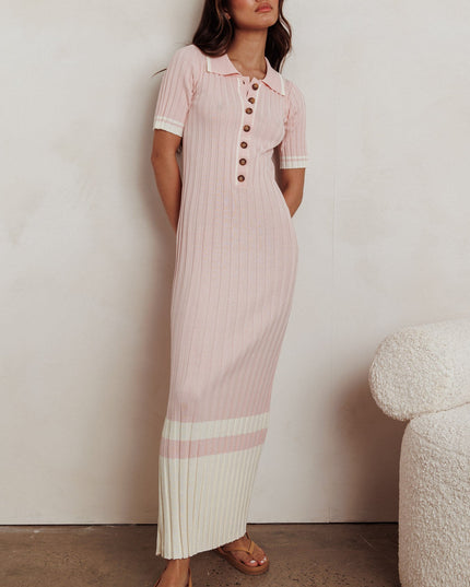 Pink Button-Up Ribbed Knit Dress