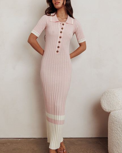 Pink Button-Up Ribbed Knit Dress