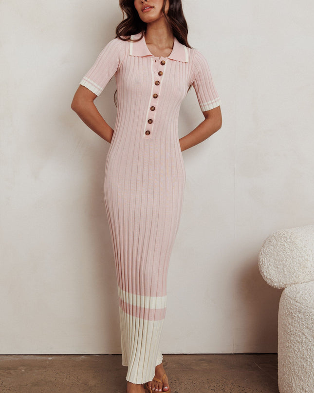 Pink Button-Up Ribbed Knit Dress