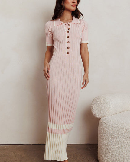 Pink Button-Up Ribbed Knit Dress