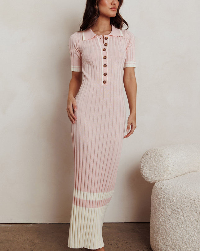 Pink Button-Up Ribbed Knit Dress