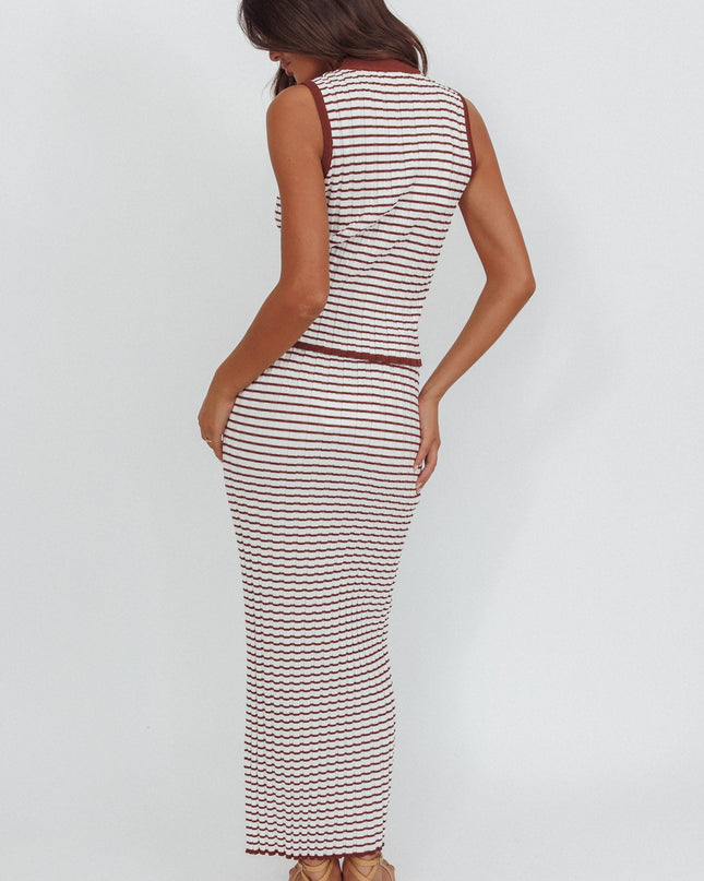 Brown/Oat Flare Knit Pocket Maxi Skirt Stripe