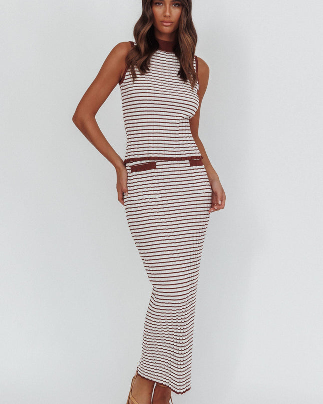 Brown/Oat Flare Knit Pocket Maxi Skirt Stripe