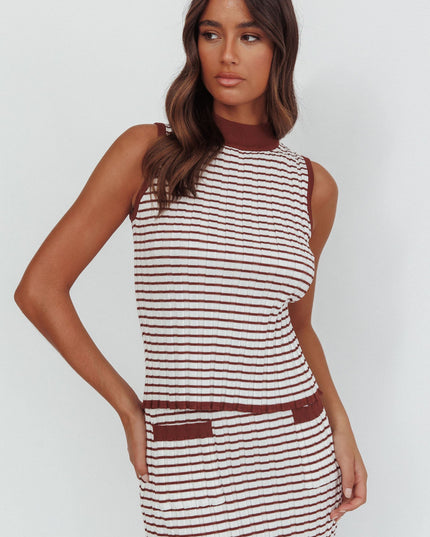 Brown/White Flare Sleeveless Mock Neck Top Stripe