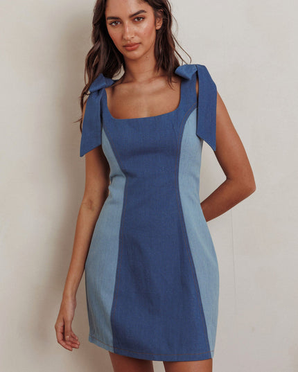 Denim Tied Shoulders Contrast Mini Dress