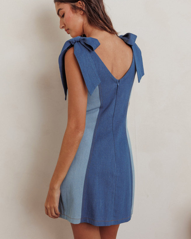 Denim Tied Shoulders Contrast Mini Dress