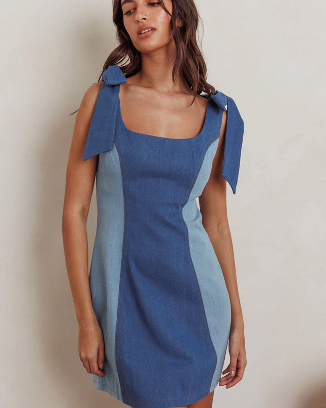 Denim Tied Shoulders Contrast Mini Dress