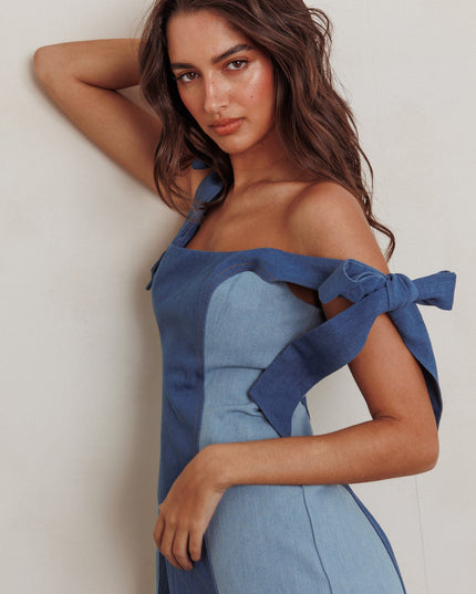 Denim Tied Shoulders Contrast Mini Dress
