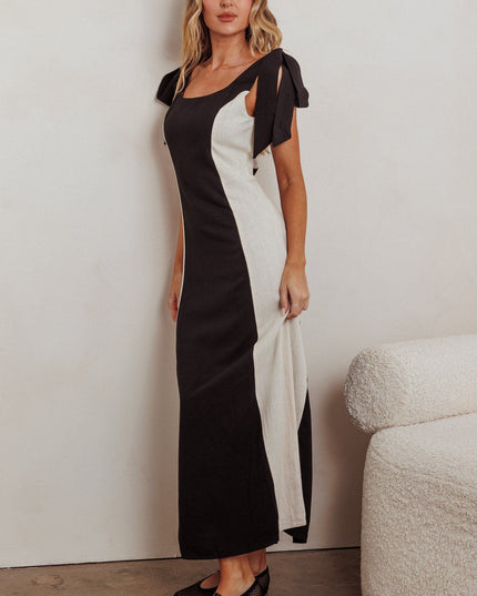 Black/Oat Tied Shoulders Contrast Maxi Dress