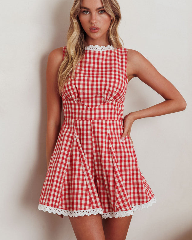 Red Sleeveless Romper Gingham