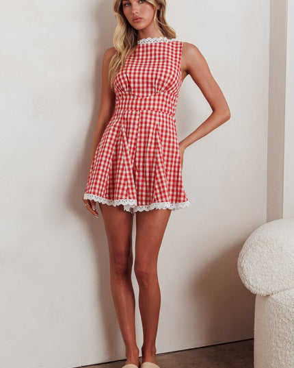 Red Sleeveless Romper Gingham
