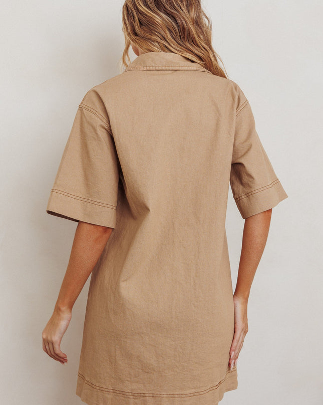 Beige Contrast Stitching Boxy Mini Dress