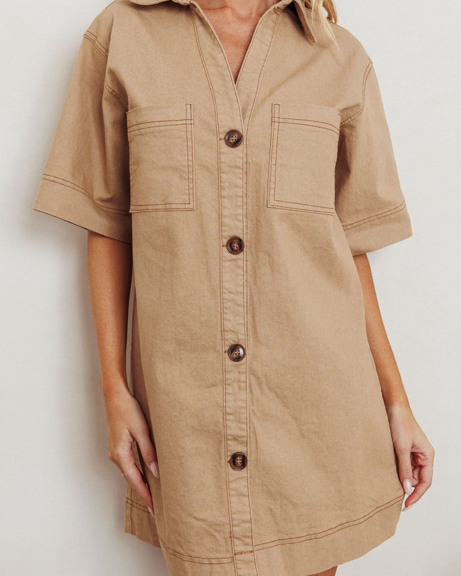 Beige Contrast Stitching Boxy Mini Dress