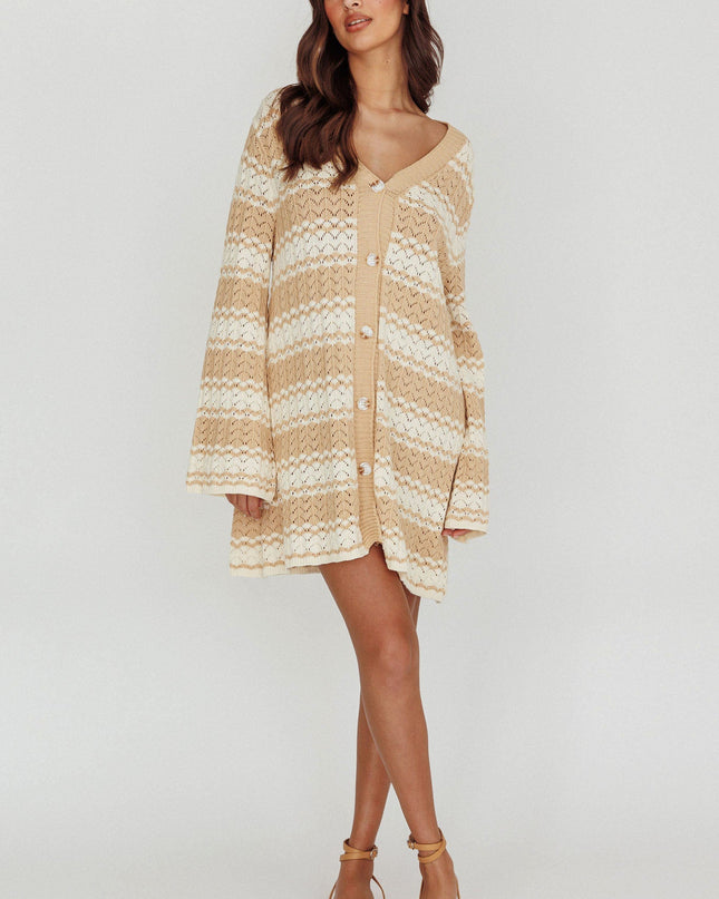 Ivory Button-Up Knit Shirt Dress Nude